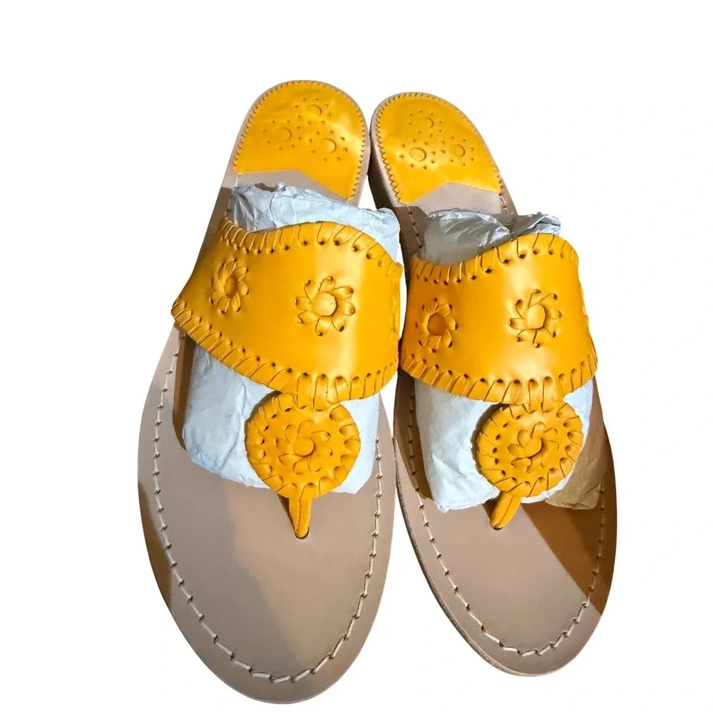 Jack Rogers Jacks‎ Flat Sandal Mango Yellow Leather Whipstitch Womens 7.5